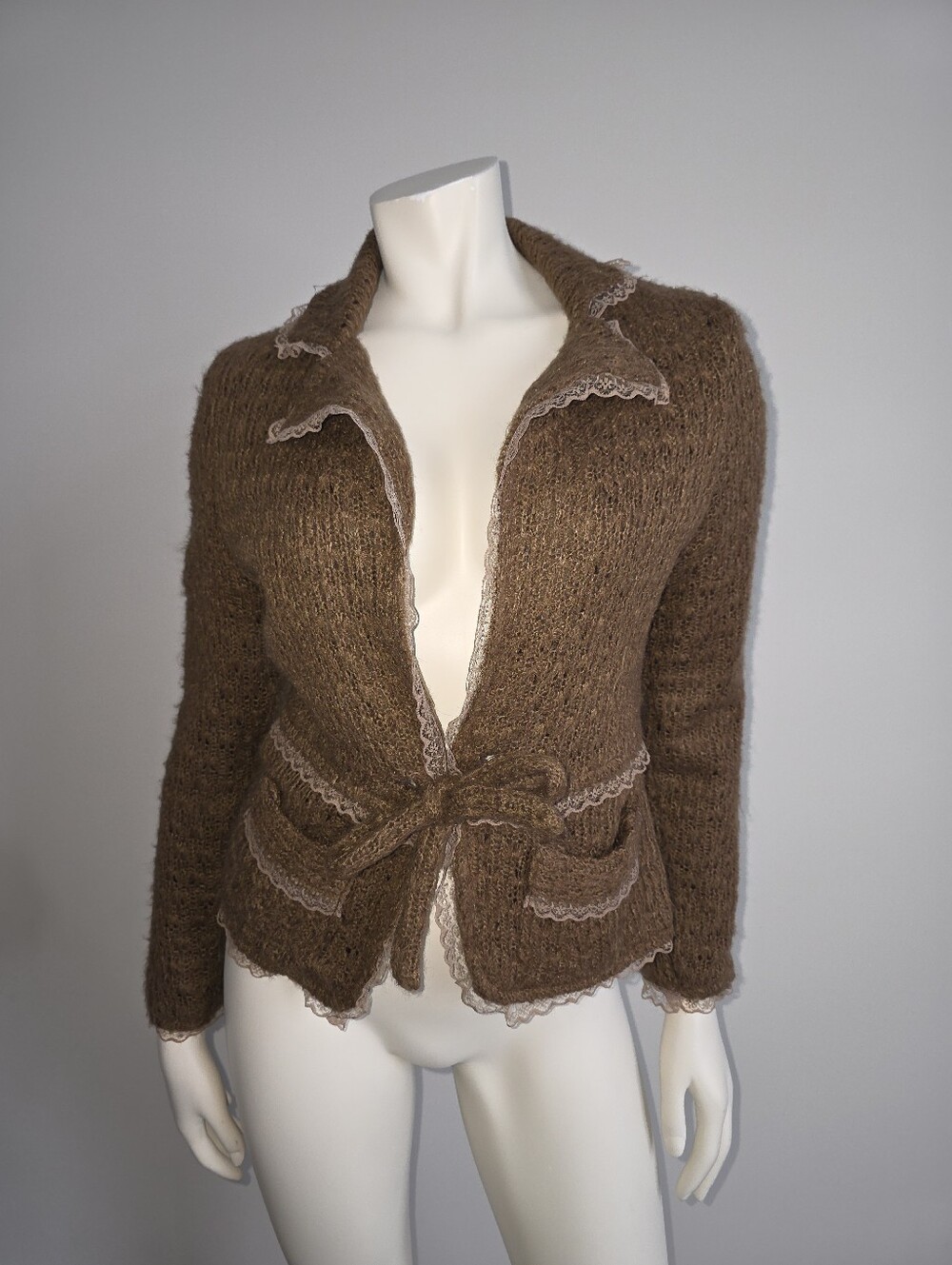 Vintage Brown Knit Tie-Waist Jacket with Lace Trim